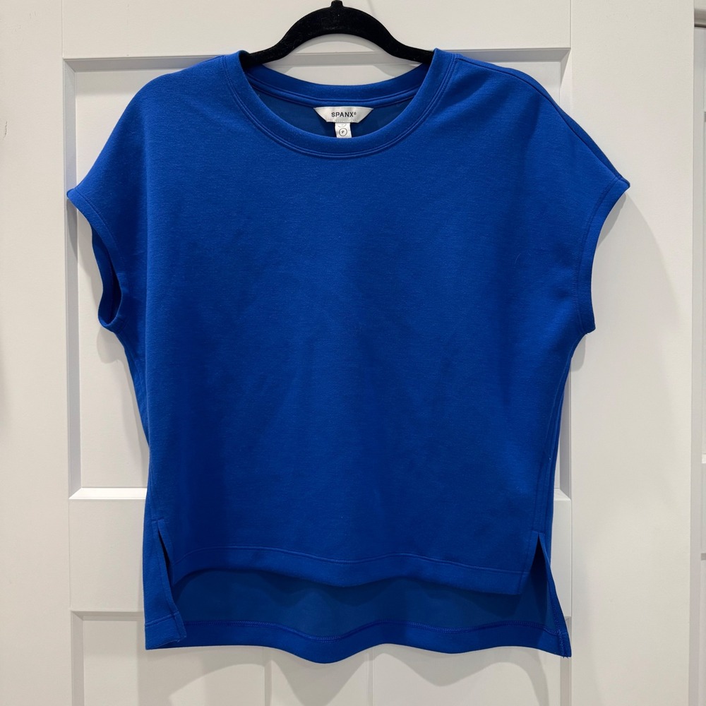 SPANX AirEssentials Cobalt Blue Boxy Short Sleeve Tee Women's Size Small - Picture 3 of 9